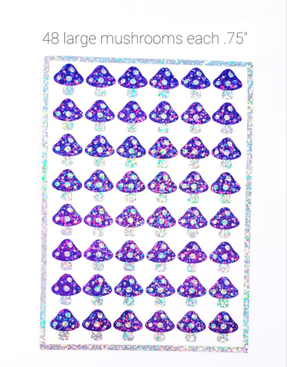 Purple Mushroom Stickers, set of 48 small sparkly mushroom decals for notebooks, journals, envelopes. Cottagecore decor for fairy houses.