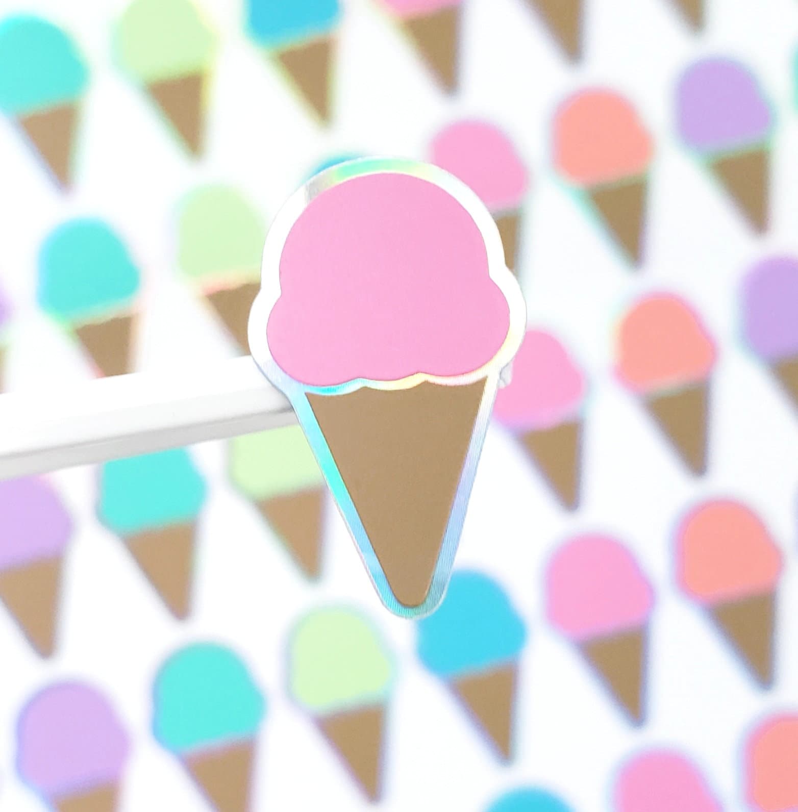Ice Cream Cones Sticker Sheet, Set of 60 Rainbow Pastel Vinyl Decals for Party Invitations, Envelopes, and Planners.