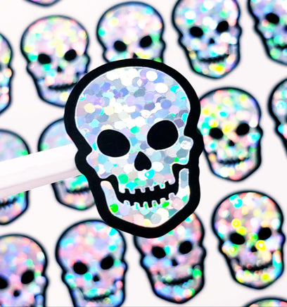 Sparkly Silver Skulls Sticker Pack, small silver skeleton stickers for journals and scrapbook pages, spooky Halloween glitter embellishments