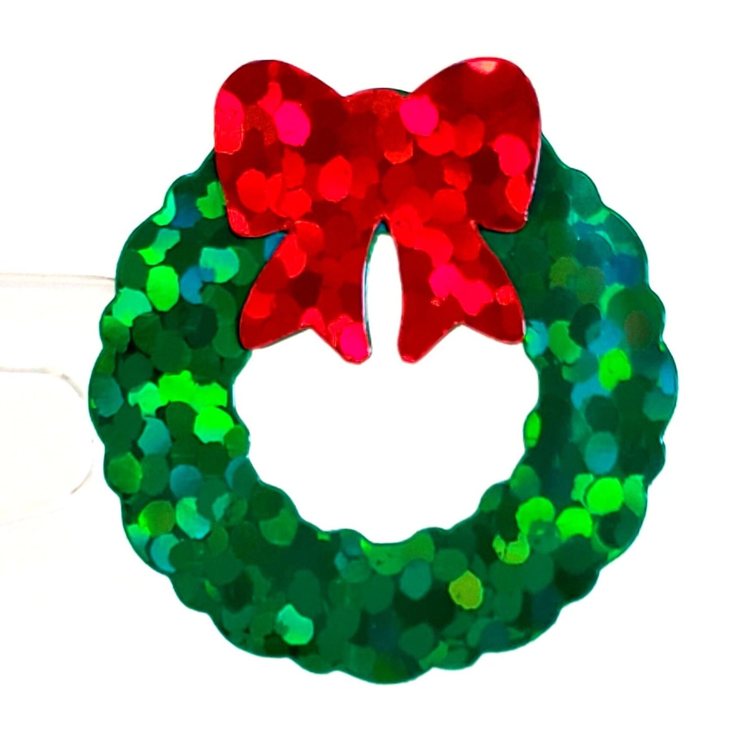 Christmas Wreath Stickers, set of 48 small glitter green wreath vinyl decals for holiday card envelopes, ornaments, gift tags and crafts.