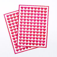 
              Pink Hearts Sticker Sheet. Set of 104 sparkly vinyl heart decals for planners, notebooks, journals, charts and crafts. Half inch hearts.
            