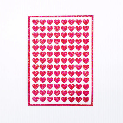Pink Hearts Sticker Sheet. Set of 104 sparkly vinyl heart decals for planners, notebooks, journals, charts and crafts. Half inch hearts.