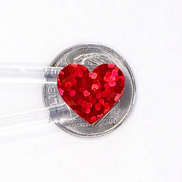 Red Hearts Sticker Sheet. Set of 104 sparkly vinyl heart decals for planners, notebooks, journals, charts and crafts. Red half inch hearts.