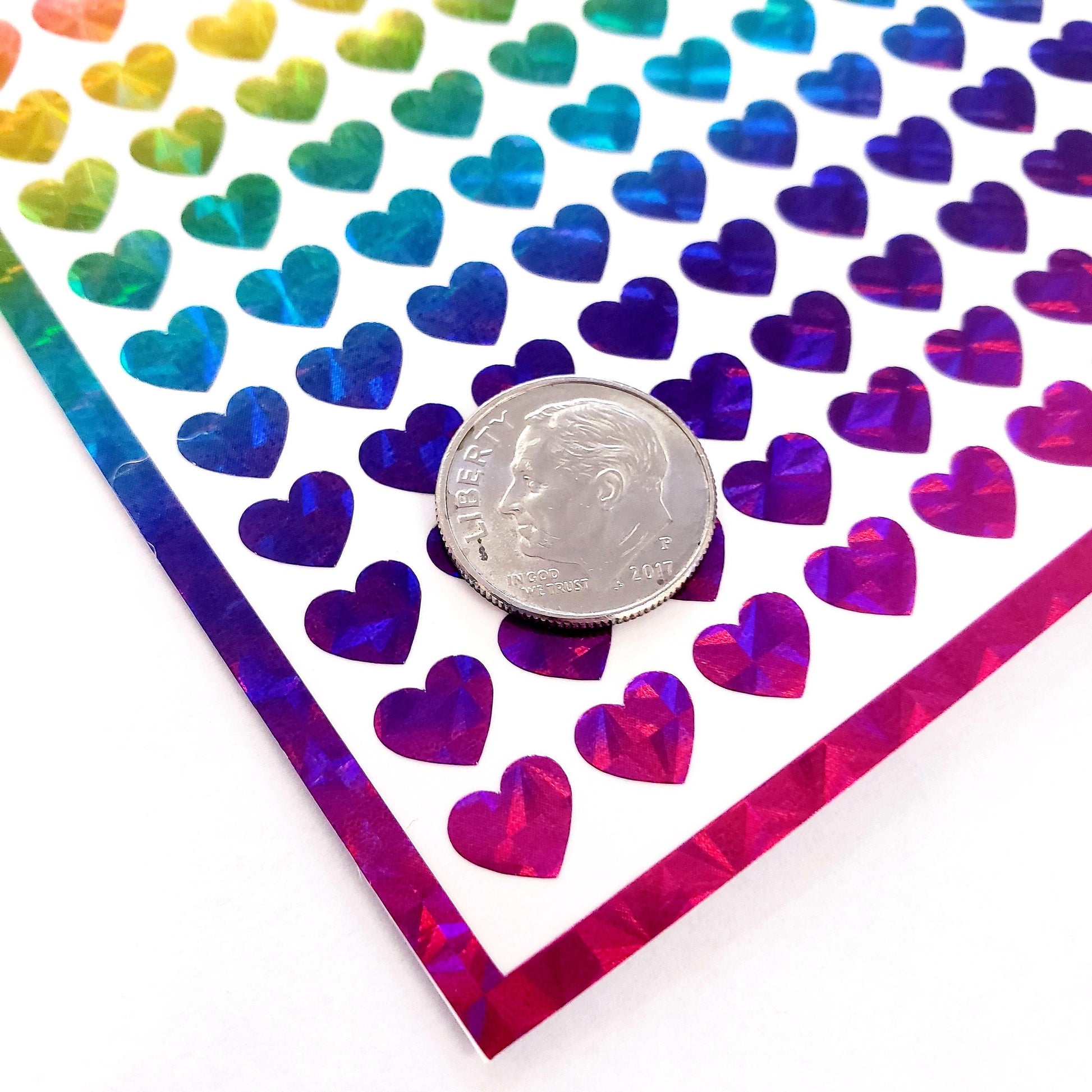 Small Rainbow Hearts Sticker Sheet, set of 258 holographic hearts.