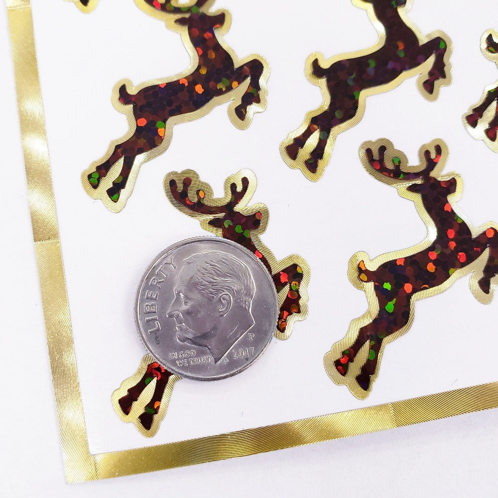 Reindeer Stickers, set of 24 brown and gold deer stickers for holiday cards, invitations, envelopes, Christmas advent calendars and crafts.
