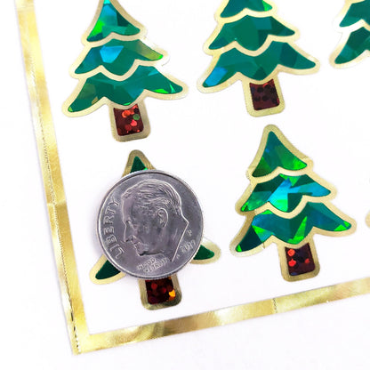Sparkly Pine Tree Stickers, set of 30 green, brown and gold woodland tree stickers for holiday cards, invitations, envelopes and calendars.