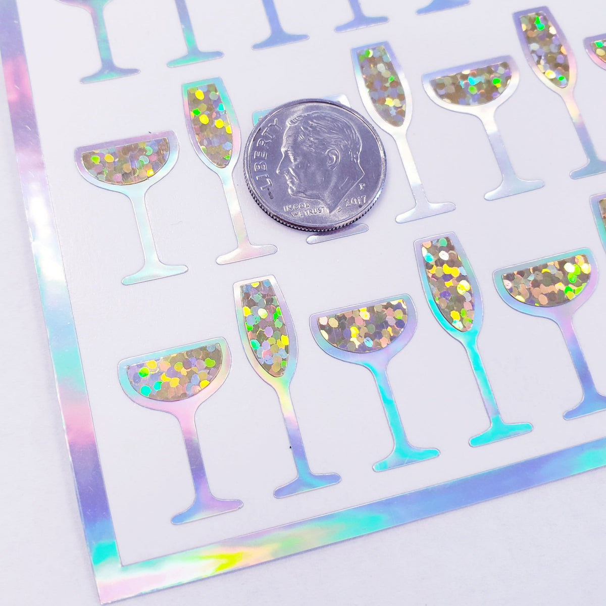 Champagne Glass Stickers, set of 60 sparkling wine glitter stickers for New Year's Eve, Wedding, Anniversary and bachelorette parties.