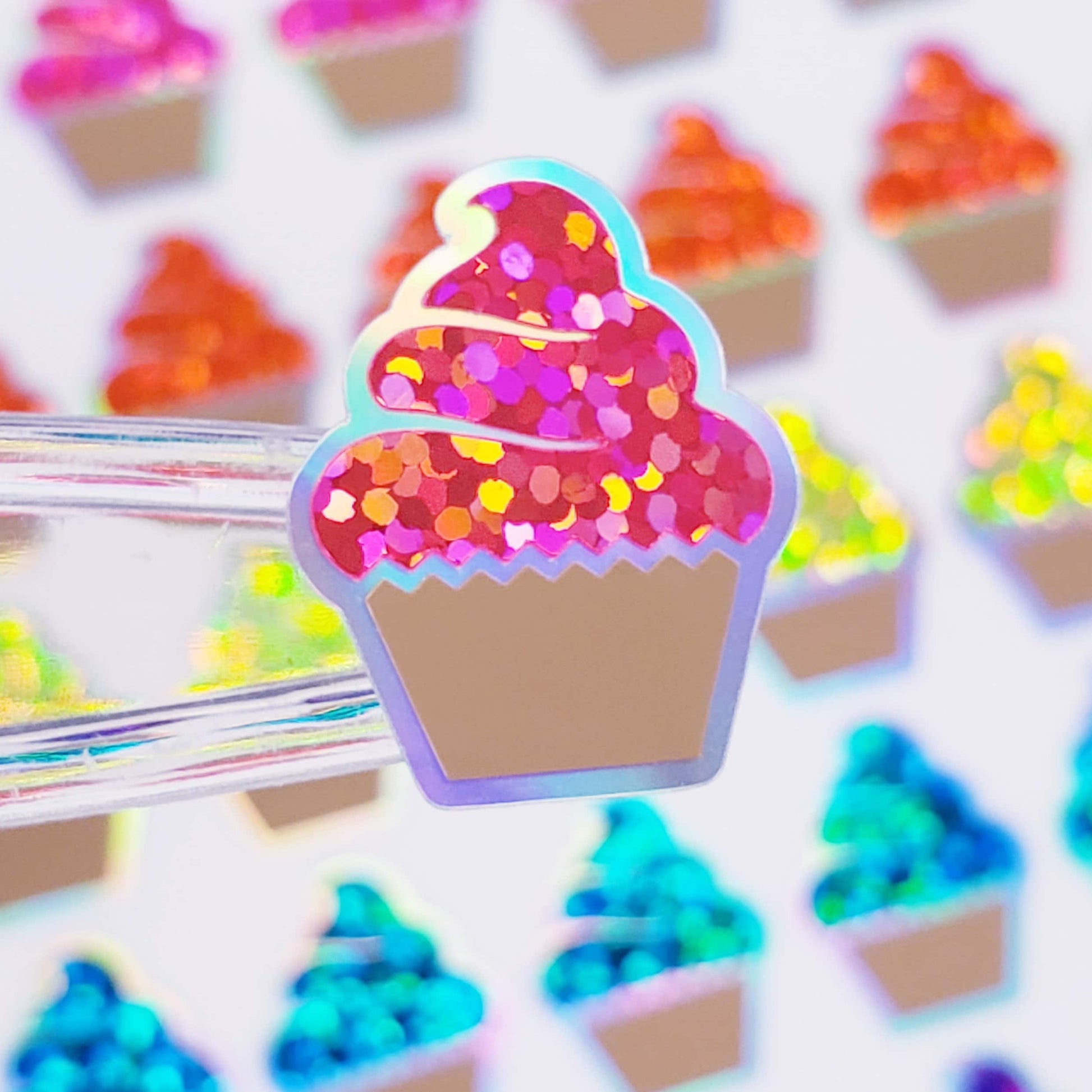 Rainbow Cupcake Glitter Stickers, set of 45 small birthday party cupcake decals for gift bags, invitations, envelopes and scrapbook pages.