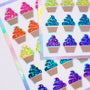 Rainbow Cupcake Glitter Stickers, set of 45 small birthday party cupcake decals for gift bags, invitations, envelopes and scrapbook pages.