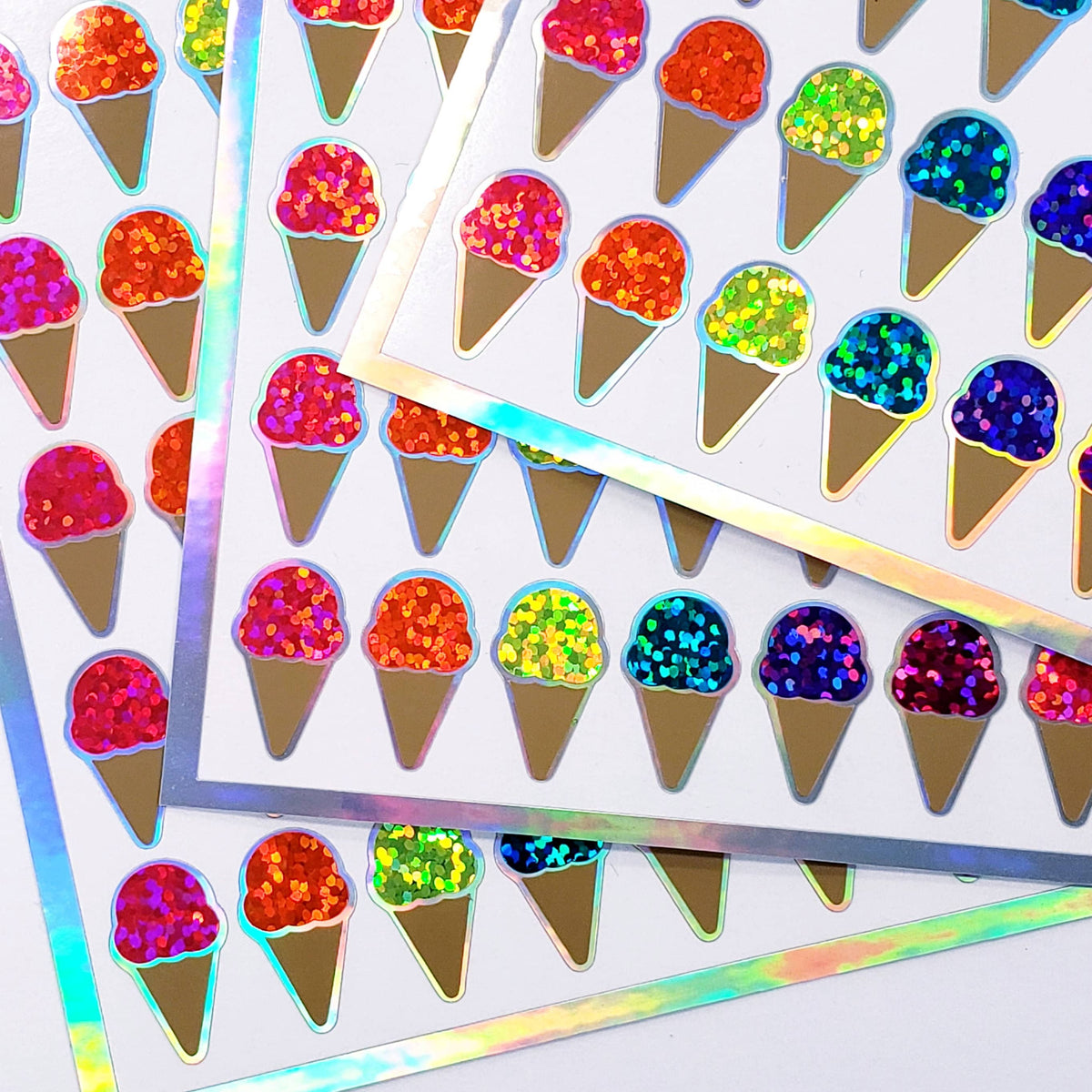Ice Cream Cone Stickers, set of 60 Bright Rainbow Glitter Decals for Ice Cream Party Invitations, Card Envelopes, and Scrapbook Pages.