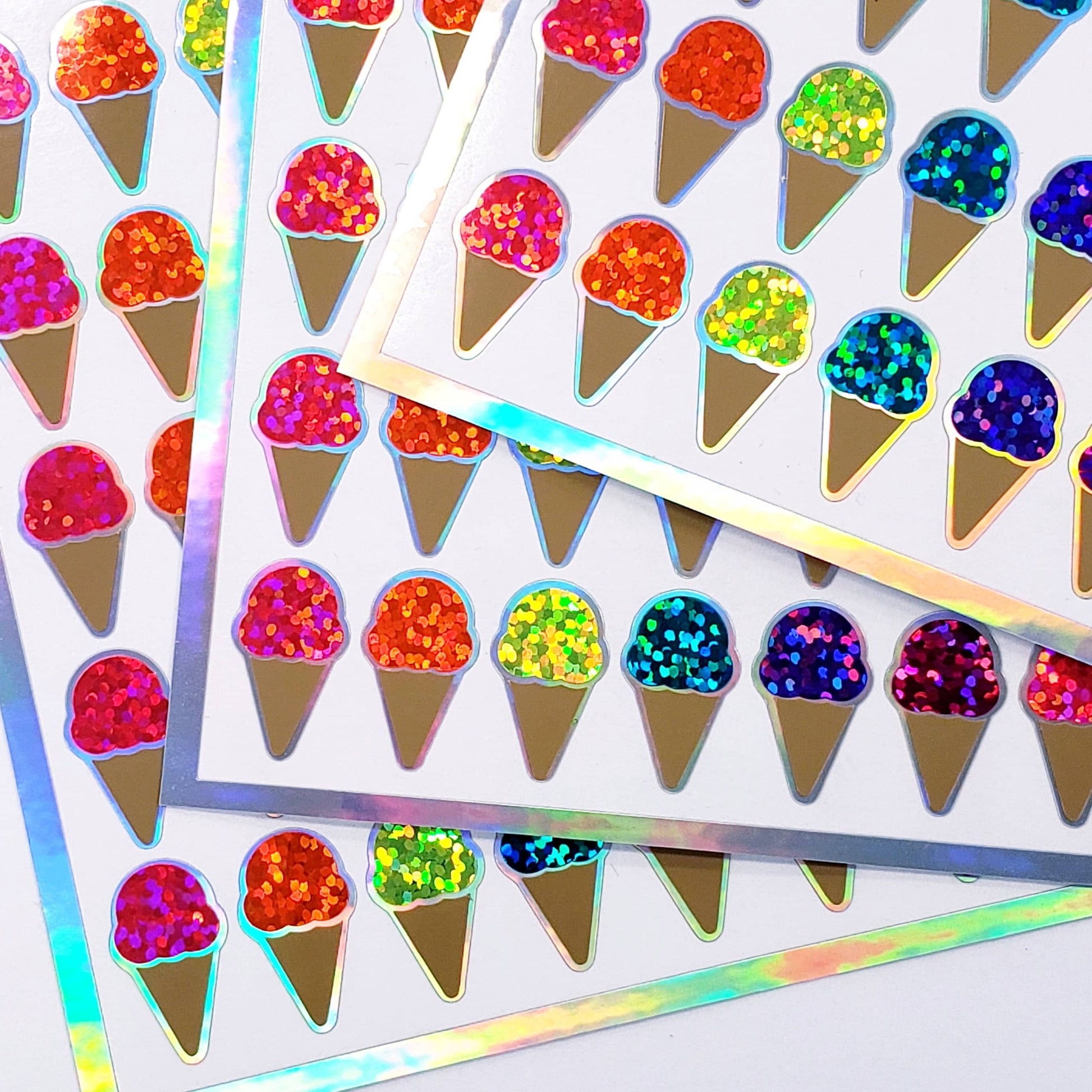 Ice Cream Cone Stickers, set of 60 Bright Rainbow Glitter Decals for Ice Cream Party Invitations, Card Envelopes, and Scrapbook Pages.