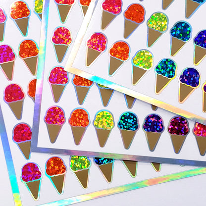 Ice Cream Cone Stickers, set of 60 Bright Rainbow Glitter Decals for Ice Cream Party Invitations, Card Envelopes, and Scrapbook Pages.