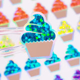Rainbow Cupcake Glitter Stickers, set of 45 small birthday party cupcake decals for gift bags, invitations, envelopes and scrapbook pages.