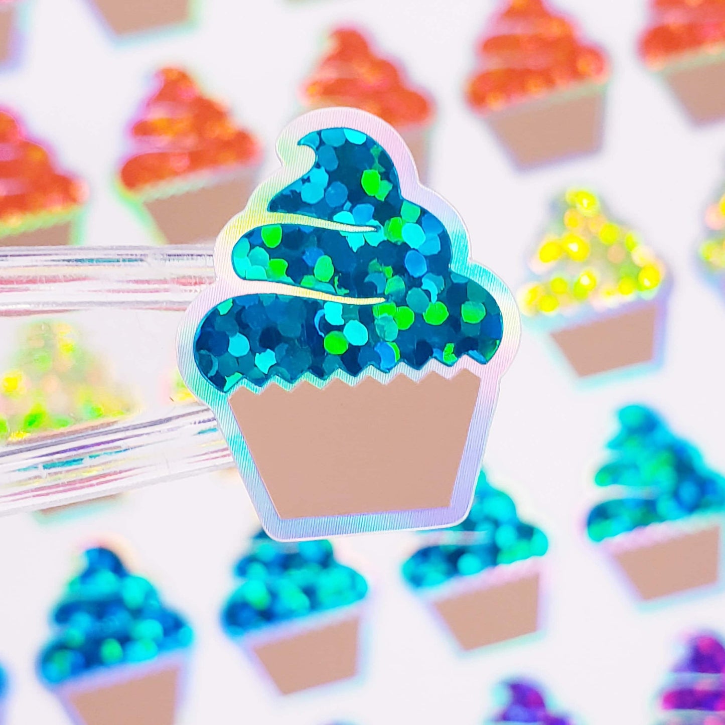 Rainbow Cupcake Glitter Stickers, set of 45 small birthday party cupcake decals for gift bags, invitations, envelopes and scrapbook pages.