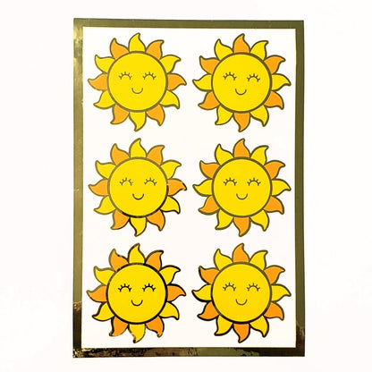 Happy Sun Stickers, set of 6 shiny yellow and gold smiling sun vinyl stickers for daily journals, cards, notebooks, envelopes and laptops.