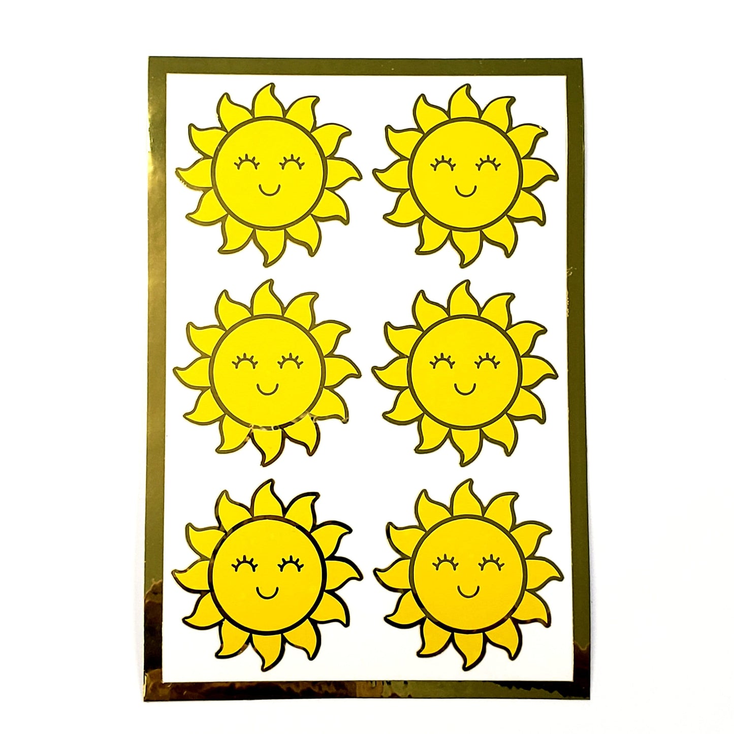 Happy Sun Stickers, set of 6 shiny yellow and gold smiling sun vinyl stickers for daily journals, cards, notebooks, envelopes and laptops.