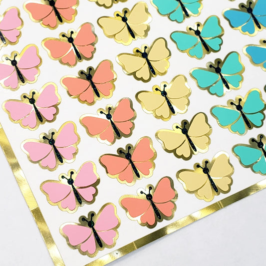 Butterfly Stickers, set of 49 cute multi color pastel rainbow butterflies for Spring crafts, laptops, notebooks and journals, gold outline.