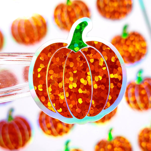 Small Pumpkins Sticker Sheet, set of 24 sparkly orange pumpkin vinyl decals, back to school decorations, teacher stickers, Halloween decor.